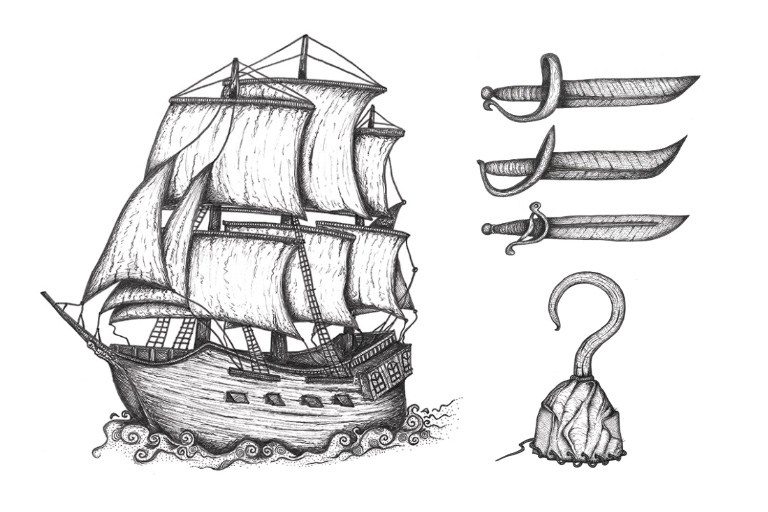 Pirate Drawings | Pirate with an eye patch drawing | Pirate ship