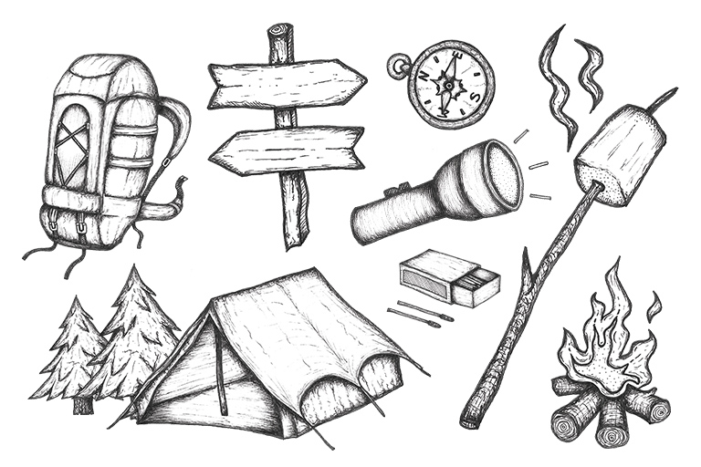 Free hand drawn camping icons | Camping drawings & adventure graphics
